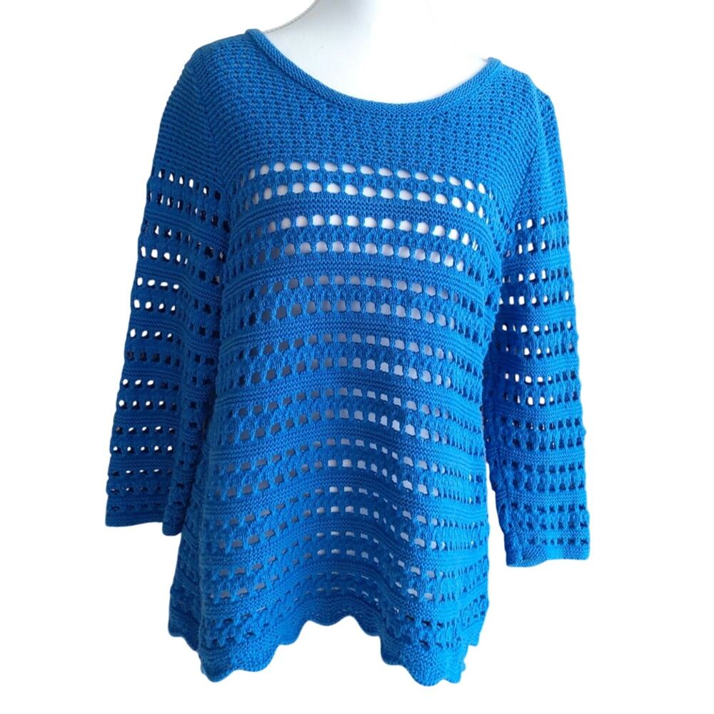 August Silk open knit cobalt blue blouse 3/4 sleeve sz L womens boho cottagecore